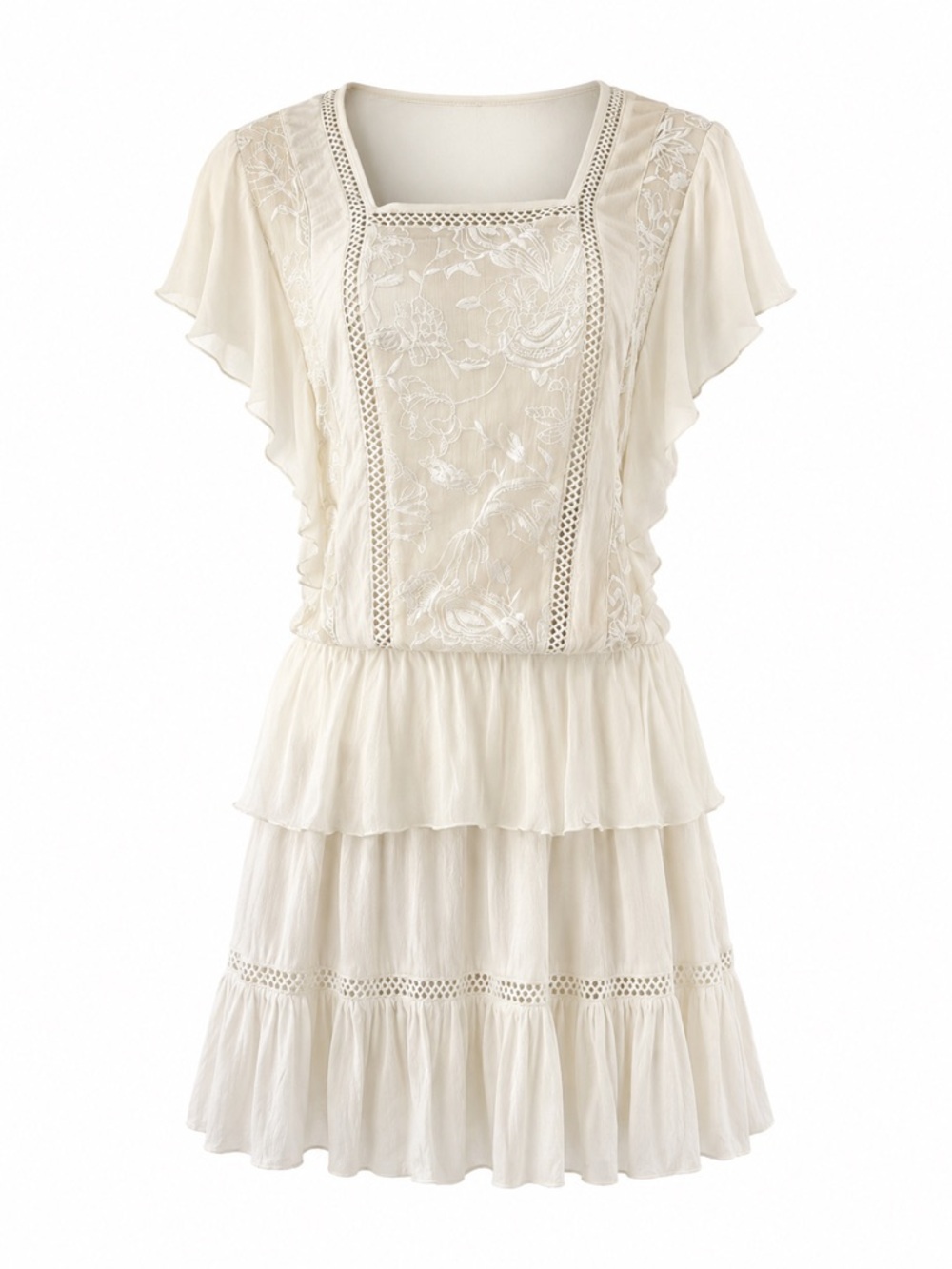 Palma Australia NEW Silk Ivory Tiered Lace-Panel Flutter Sleeve Dress - Medium